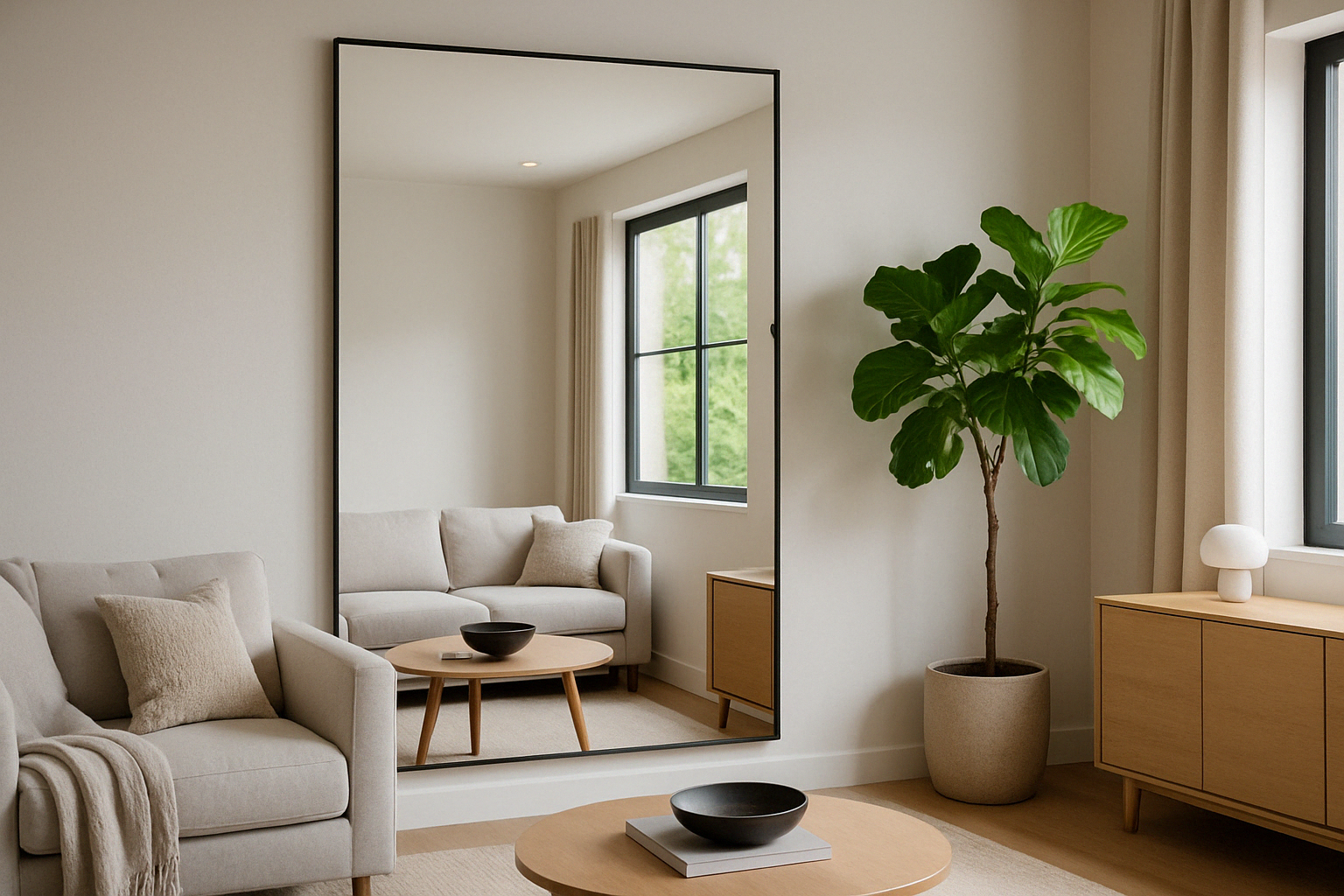 Probieren Sie einen großen Spiegel in Ihrem Wohnzimmer aus!
